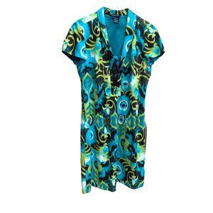 Etcetera Blue Lime Green Black Geometric Pattern Short Sleeve Sheath Dress sz 10